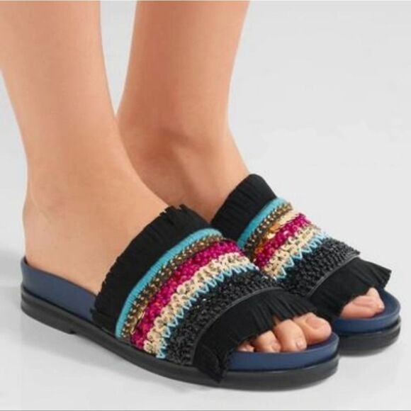 Tory Burch Isle Beaded Fringe Flat Slide Sandals Womens Shoes Sz 7.5 Fits Like 7 - Picture 1 of 11